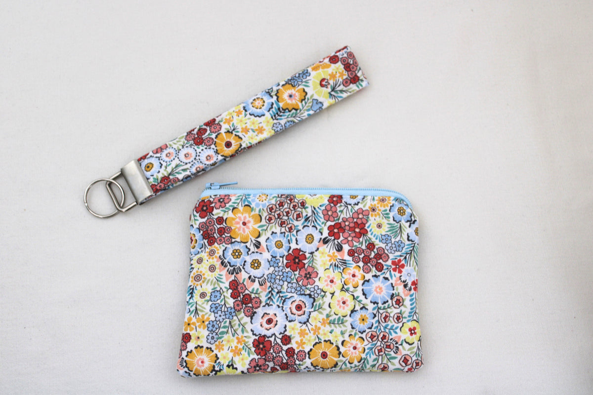 Blue Floral Keychain Wristlet